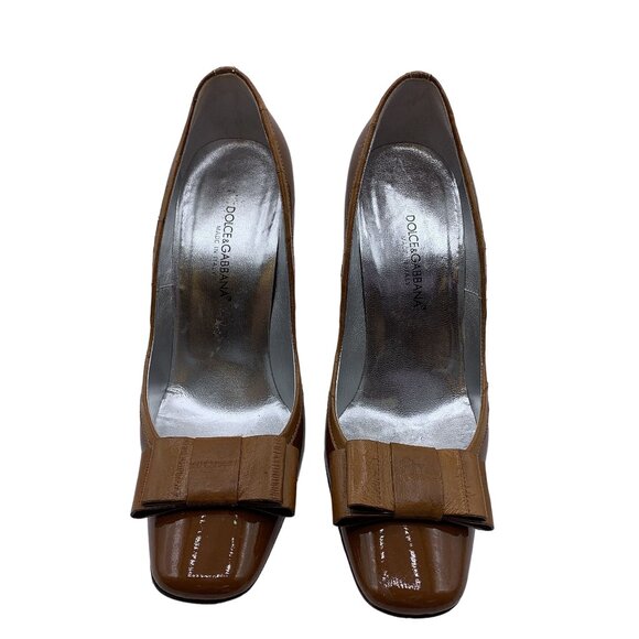 Dolce & Gabbana Brown Patent Leather Bow High Heel Pumps Size 37/6.5 - Picture 2 of 6